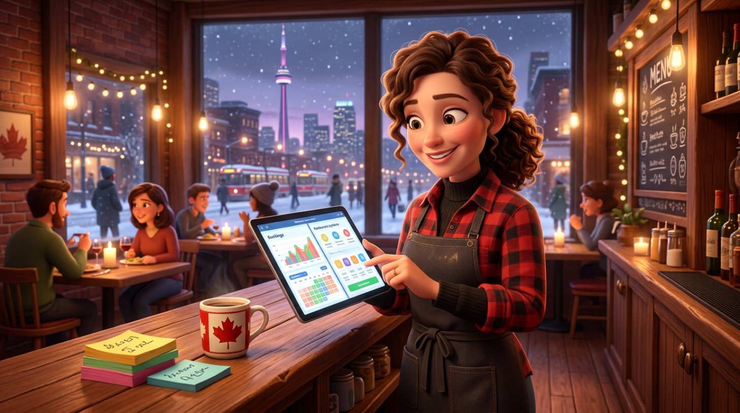 Canadian restaurant owner comparing reservation systems on a tablet at her bistro bar, with a snowy Toronto street and the CN Tower visible through the window