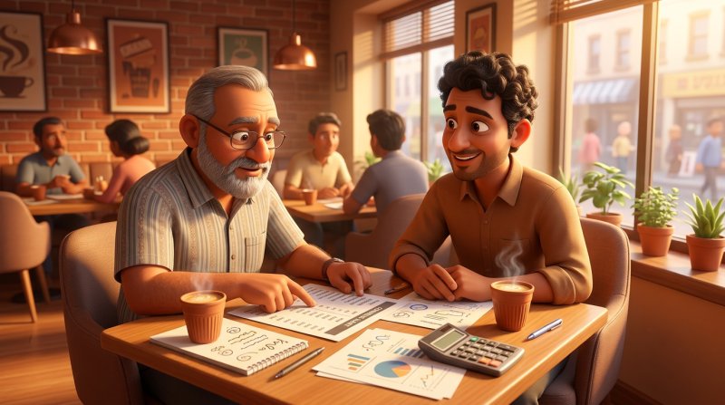 Two Indian restaurateurs comparing printed price lists and a commission chart over cups of chai at a casual dining table