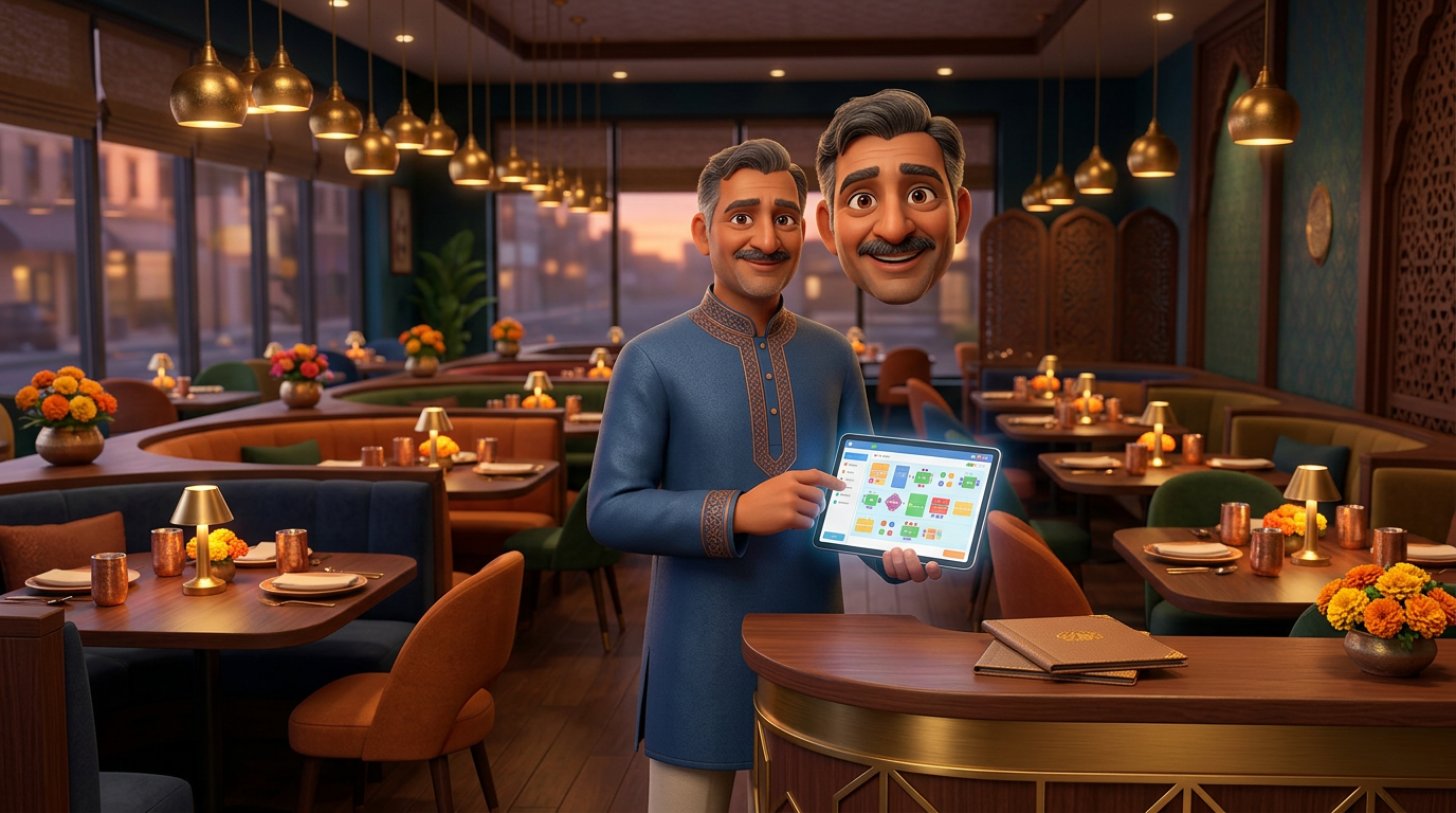 Indian restaurant owner at the host desk of a contemporary dining room, checking a table booking grid on a tablet under warm brass lamps