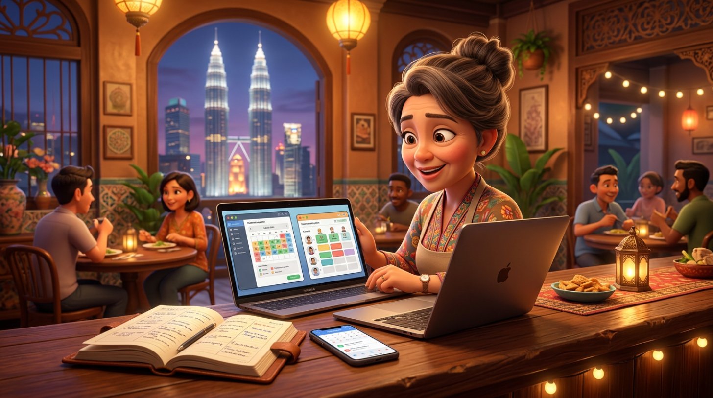 Malaysian restaurant owner comparing reservation systems on a laptop at her shophouse counter, with the KLCC towers visible through the window