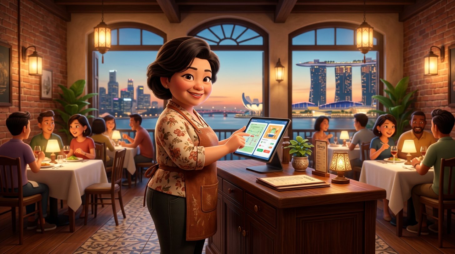 Singapore restaurant owner comparing reservation systems on a tablet at her shophouse counter, with the Marina Bay skyline visible through the window