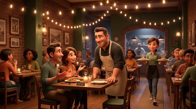 Illustration of a chef-owner listening to guests' feedback in a half-full dining room during a restaurant trial night