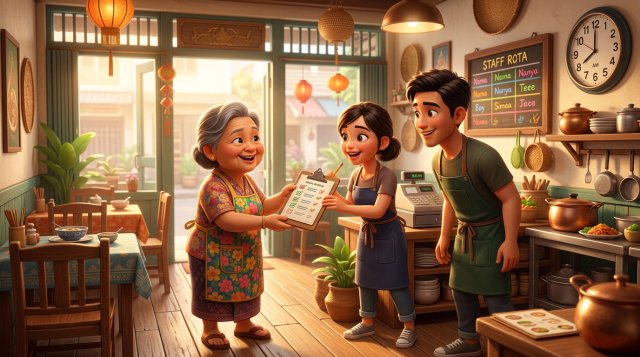 เจ้าของร้านอาหารไทยต้อนรับพนักงานใหม่สองคนที่สวมผ้ากันเปื้อน พร้อมยื่นตารางกะงานให้ ในร้านตึกแถวบรรยากาศอบอุ่นยามเช้า