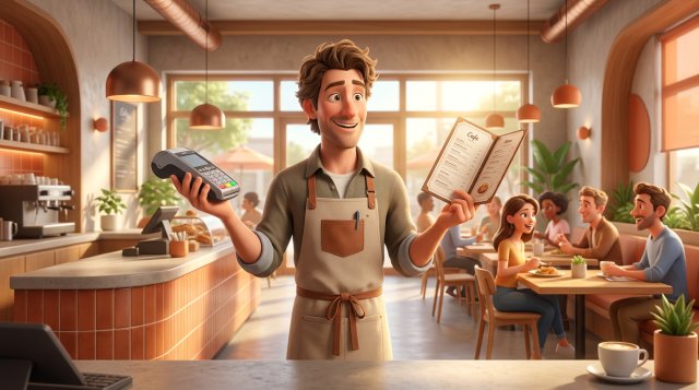 Australian cafe owner behind the counter weighing a card payment terminal in one hand against an open menu in the other