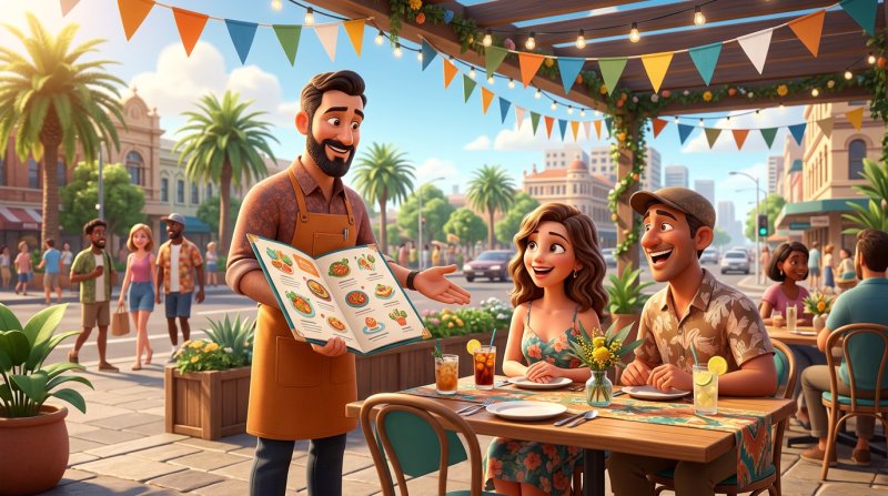Waiter presenting an open menu to a couple on a sunny restaurant terrace decorated for a public holiday