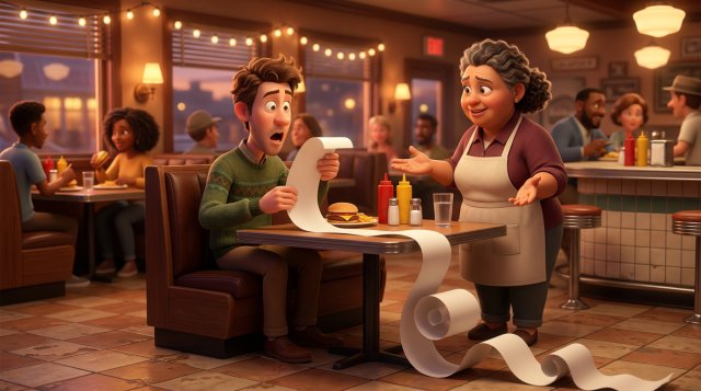 Surprised diner holding a receipt so long it spills over the table while the restaurant owner stands beside her with open hands