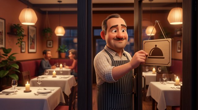 Illustratie van een lachende restauranthouder die op een rustige doordeweekse avond het bordje Open omdraait, met een warm verlichte eetzaal op de achtergrond
