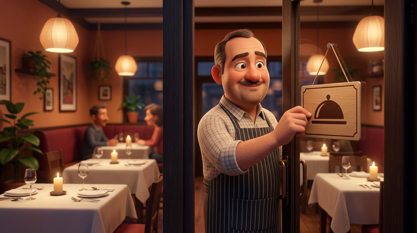Illustratie van een lachende restauranthouder die op een rustige doordeweekse avond het bordje Open omdraait, met een warm verlichte eetzaal op de achtergrond