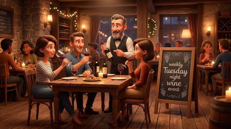 Wijnproeverij begeleid door een sommelier in een klein restaurant, een krijtbord kondigt het wekelijkse dinsdagevent aan