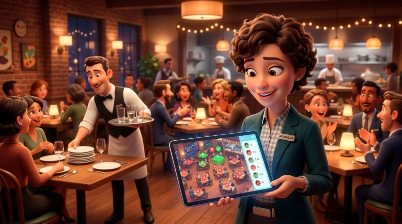 Illustration of a restaurant manager checking a tablet showing a full floor plan next to a list of waiting guests