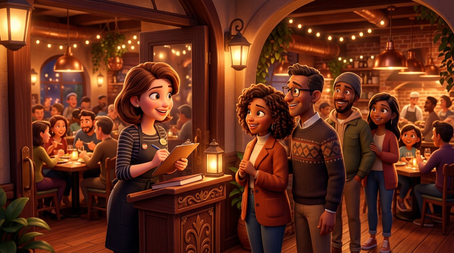 Illustration of a restaurant host at the entrance lectern taking down a waiting couple's name while a full dining room buzzes behind