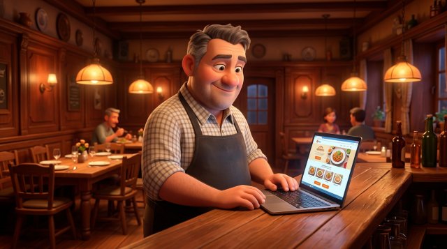 Illustration eines Gastwirts, der hinter dem Tresen seines Gasthauses die Website seines Restaurants auf einem Laptop betrachtet