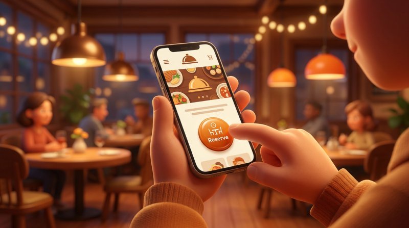 Zwei Hände mit einem Smartphone, auf dem die Restaurant-Website einen gut sichtbaren Reservieren-Button zeigt