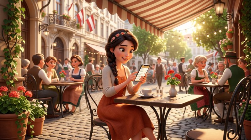 Eine Frau liest in einem Schanigarten die Speisekarte eines Restaurants auf ihrem Smartphone