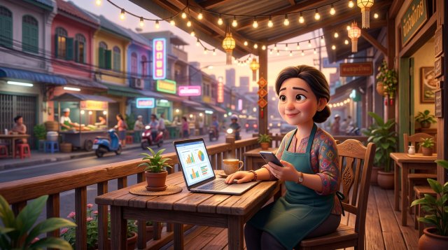 เจ้าของร้านอาหารไทยนั่งที่โต๊ะไม้หน้าร้านตึกแถวยามค่ำ เปิดแล็ปท็อปและถือสมาร์ตโฟน ครุ่นคิดเรื่องช่องทางออนไลน์ของร้าน มีไฟประดับและถนนที่มีร้านอาหารอยู่เบื้องหลัง