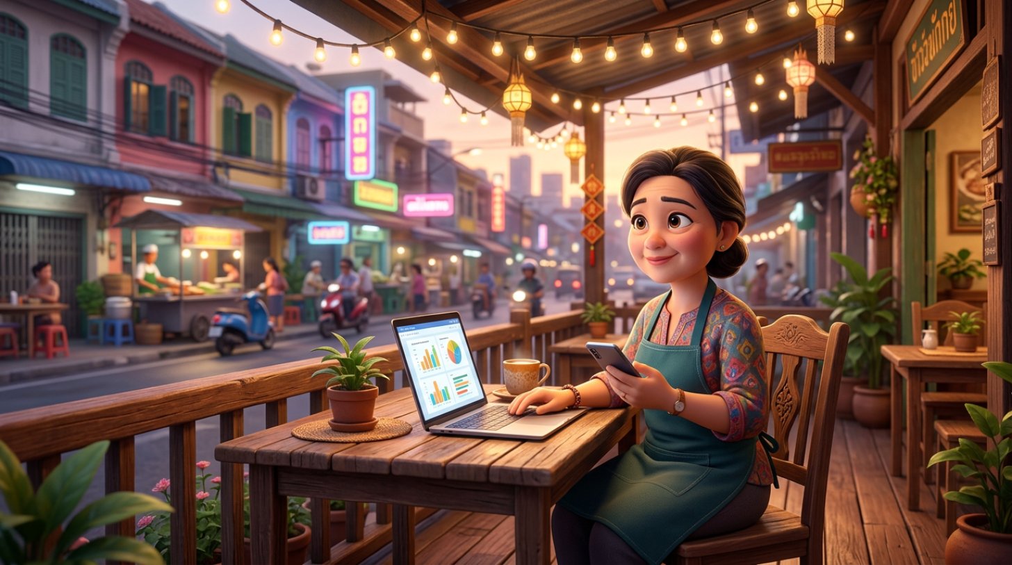 เจ้าของร้านอาหารไทยนั่งที่โต๊ะไม้หน้าร้านตึกแถวยามค่ำ เปิดแล็ปท็อปและถือสมาร์ตโฟน ครุ่นคิดเรื่องช่องทางออนไลน์ของร้าน มีไฟประดับและถนนที่มีร้านอาหารอยู่เบื้องหลัง
