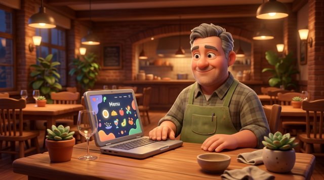 Illustration of a smiling restaurant owner reviewing his restaurant's website on a laptop in his dining room after service