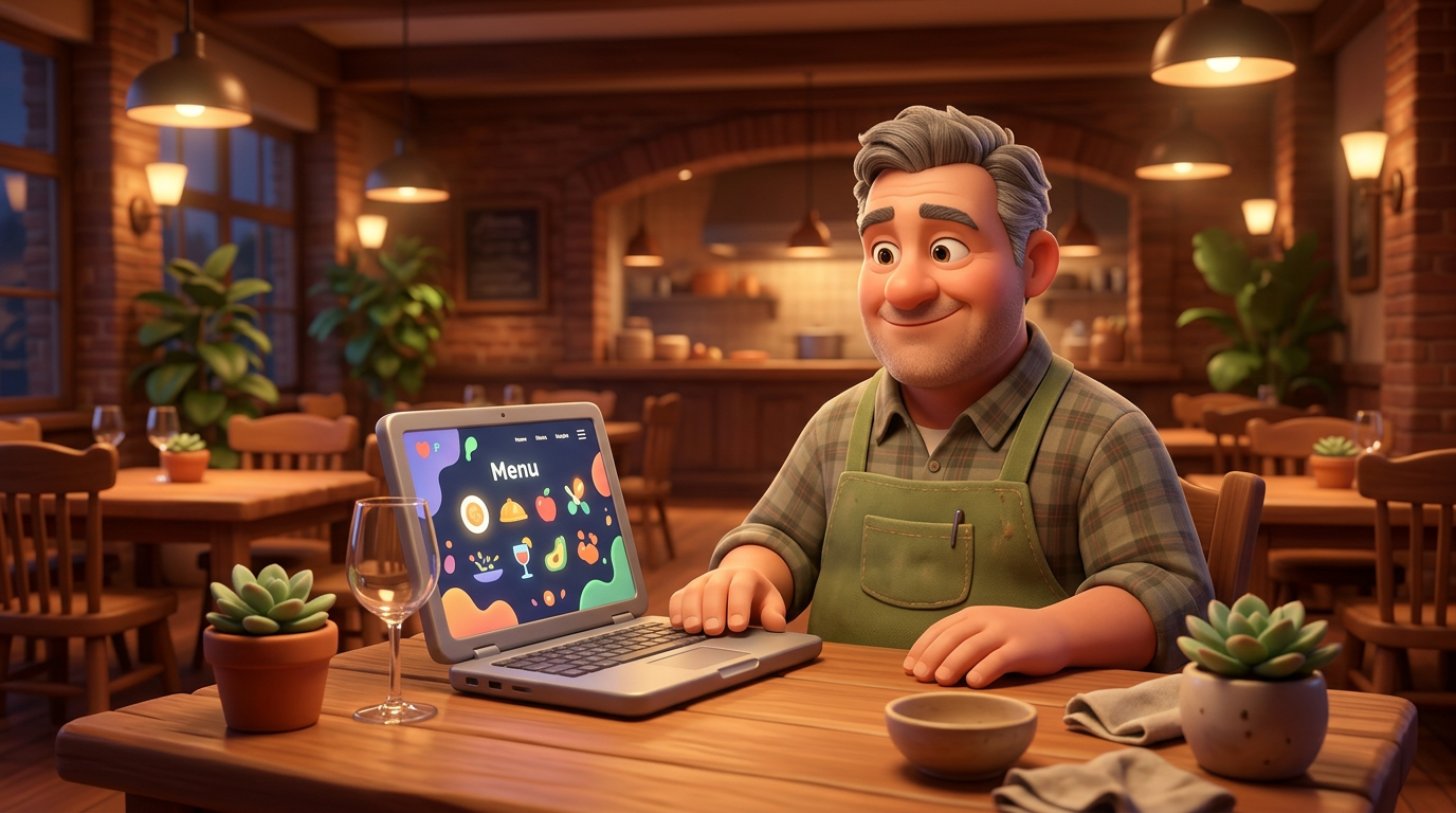 Illustration of a smiling restaurant owner reviewing his restaurant's website on a laptop in his dining room after service