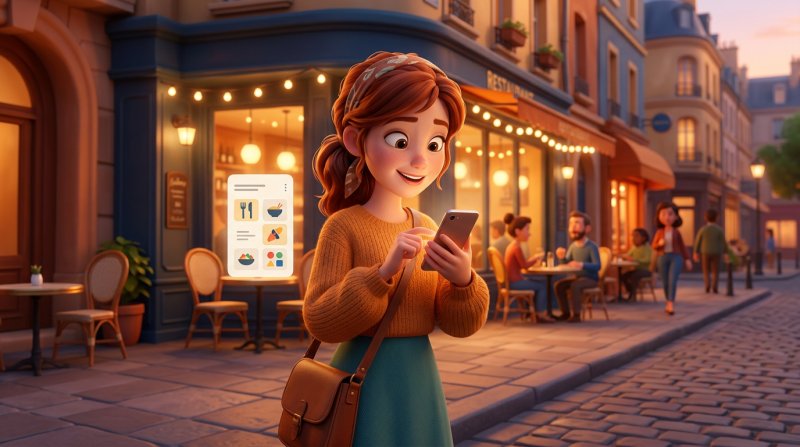 A woman on a city sidewalk reads a restaurant menu on her smartphone, dishes and prices clearly readable on screen