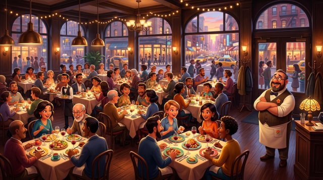 Illustration of a packed city restaurant dining room during Restaurant Week, with a proud owner watching full tables of diners enjoying set menus
