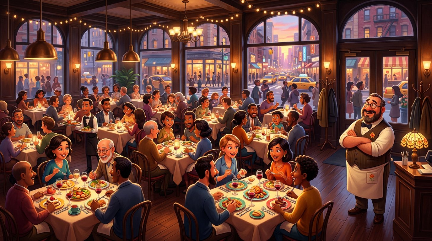 Illustration of a packed city restaurant dining room during Restaurant Week, with a proud owner watching full tables of diners enjoying set menus