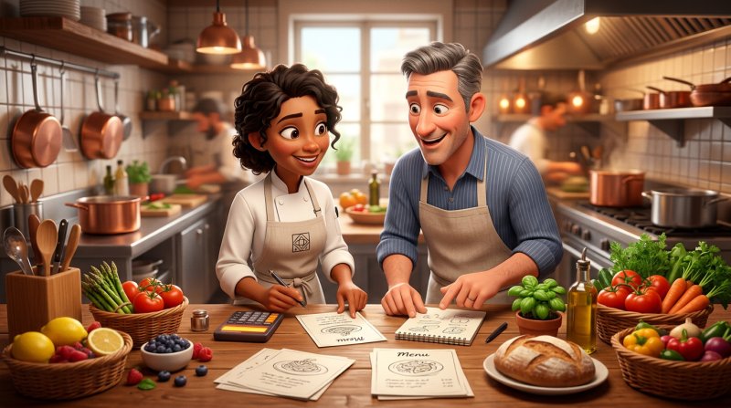 Illustration of a chef and a restaurant owner planning a compact prix-fixe menu at a prep counter, with menu cards, seasonal ingredients and a calculator
