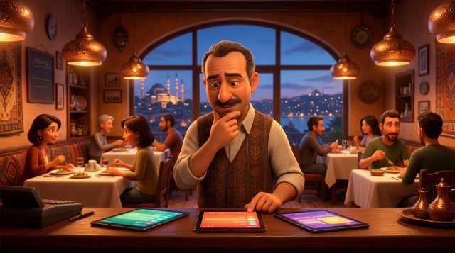 Akşam saatinde İstanbul restoranının karşılama kürsüsünde farklı rezervasyon sistemlerini gösteren tabletleri karşılaştıran düşünceli işletmecinin 3D illüstrasyonu