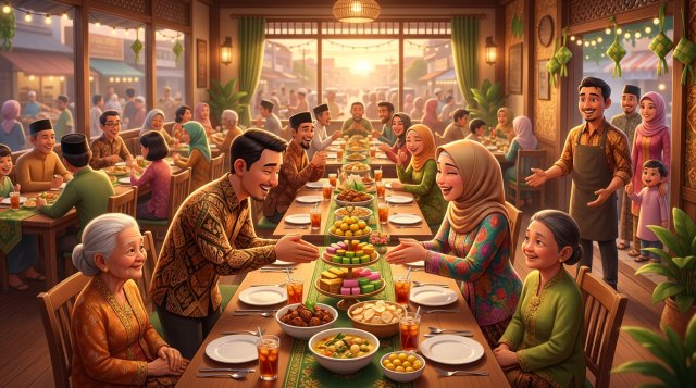 Ilustrasi 3D suasana restoran yang ramai oleh rombongan keluarga bersalaman saat acara halalbihalal setelah Lebaran