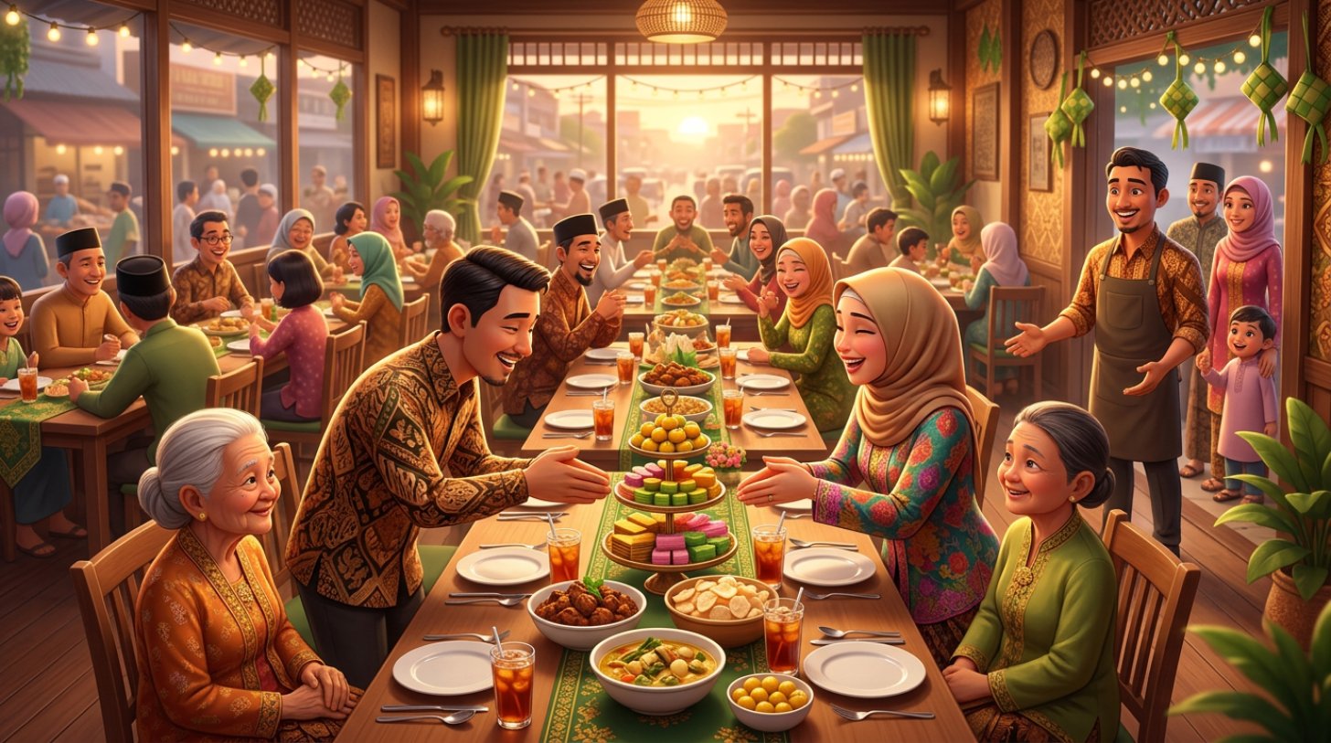 Ilustrasi 3D suasana restoran yang ramai oleh rombongan keluarga bersalaman saat acara halalbihalal setelah Lebaran