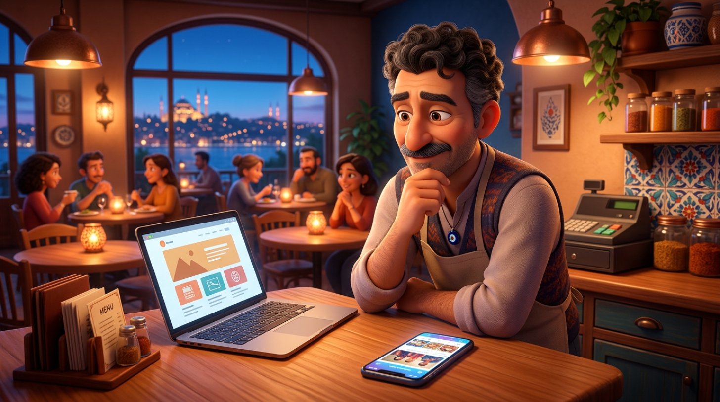 Restoran masasında dizüstü bilgisayar ve telefon arasında kararsız kalmış, düşünceli bir restoran işletmecisinin 3D illüstrasyonu