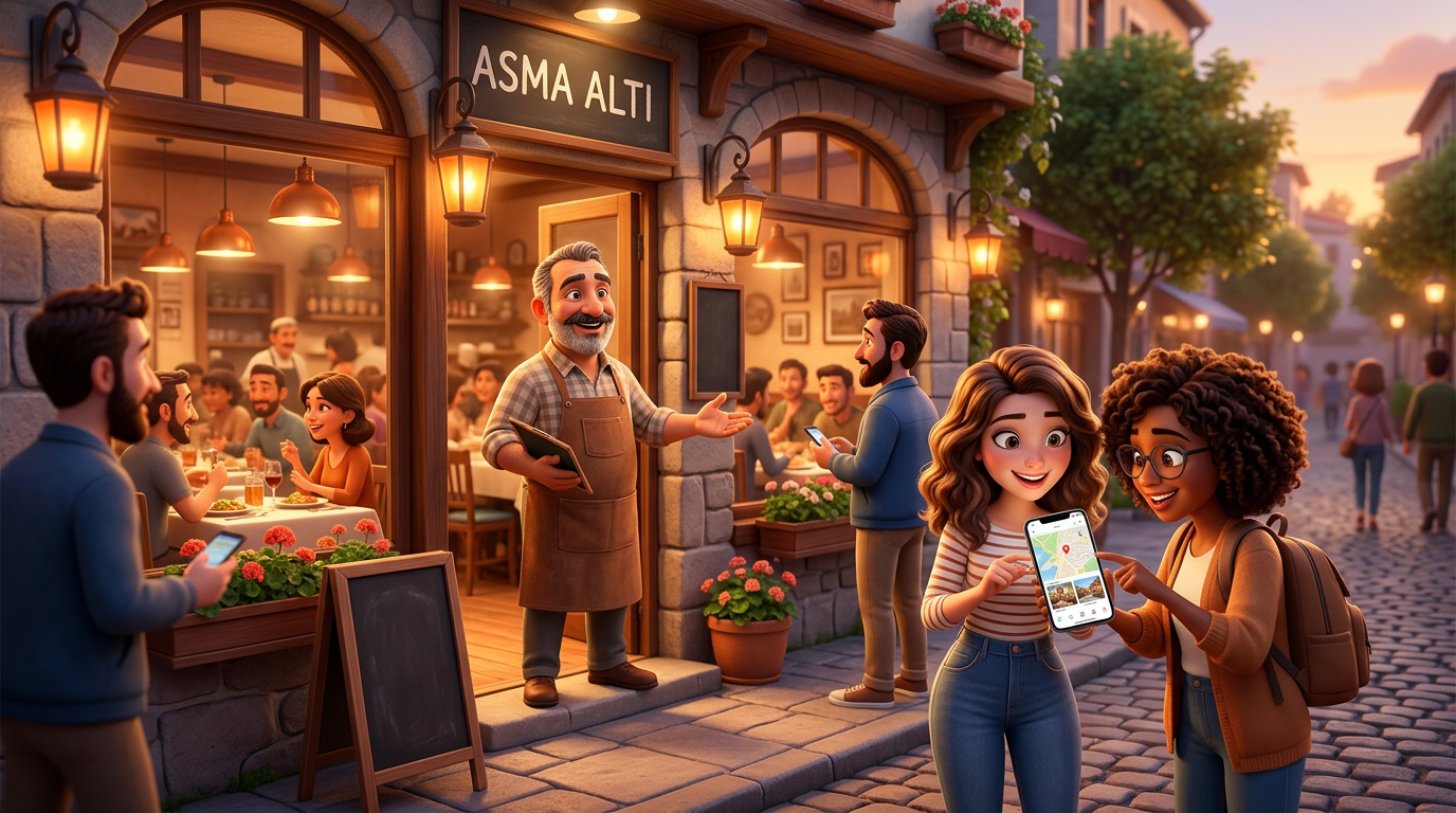 Mahalle restoranının önünde kapıda gülümseyen işletmeci, kaldırımda telefonlarına bakarak restoranı keşfeden yoldan geçenler ve camın ardında dolu masalar