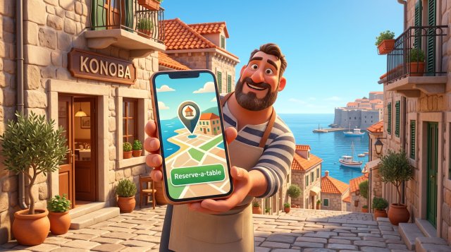 Vlasnik restorana ispred svoje konobe pokazuje na pametnom telefonu kartu s pinom i gumbom za rezervaciju stola