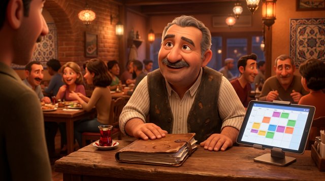 Restoran karşılama kürsüsünde eski kâğıt rezervasyon defterini şefkatle kapatan işletmecinin yanında dijital takvim gösteren tabletin durduğu 3D illüstrasyon
