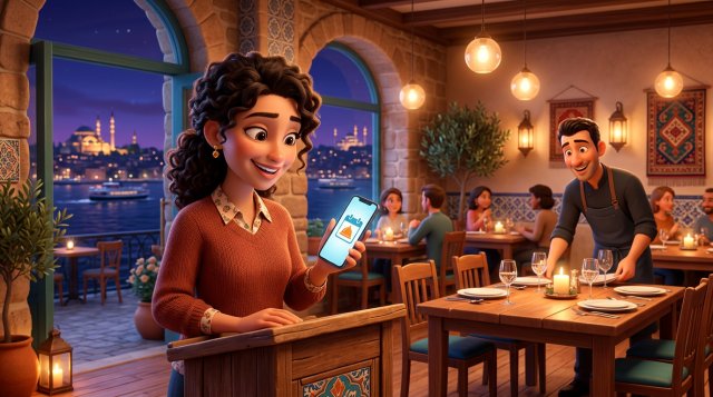Telefonundaki rezervasyon hatırlatma mesajına gülümseyerek bakan misafir ve arka planda hazırlanan restoran masasının 3D illüstrasyonu