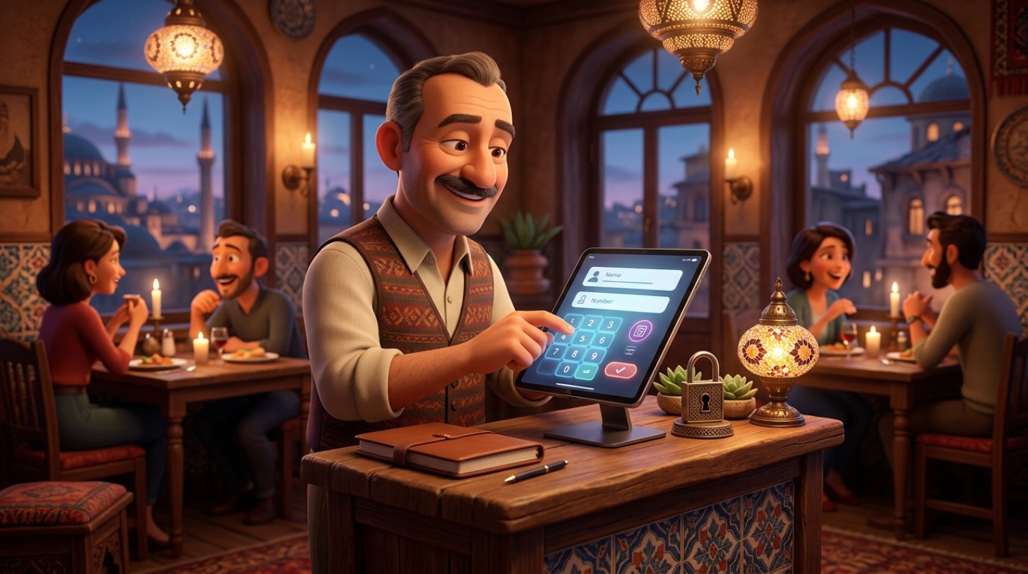 Restoran girişindeki ahşap karşılama masasında tablet üzerinden rezervasyon kaydı alan işletmecinin ve arka plandaki misafirlerin 3D illüstrasyonu
