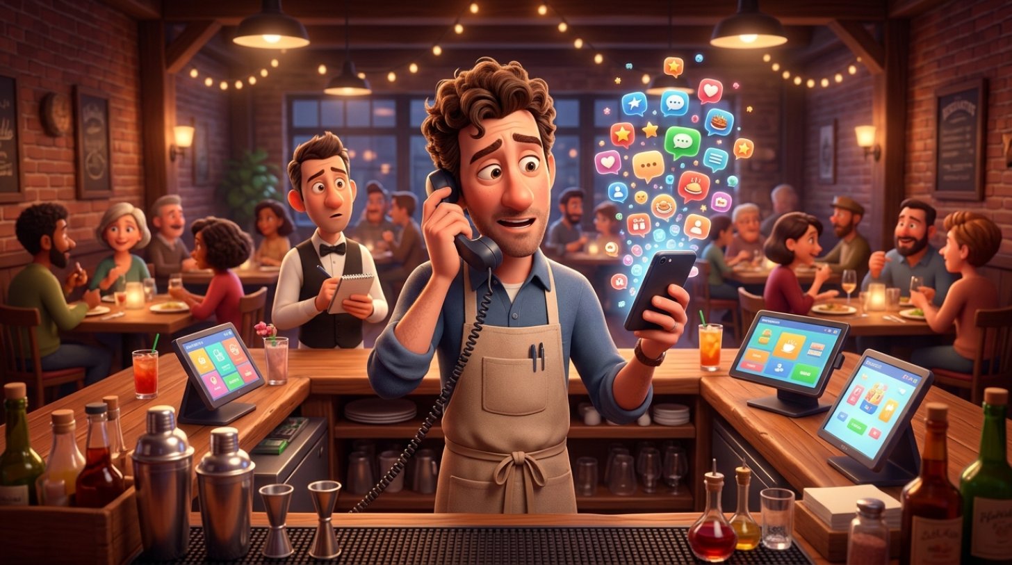 Zapracowany restaurator za barem trzyma dzwoniący telefon i smartfon pełen wiadomości, a kelner czeka na decyzję w zatłoczonej sali