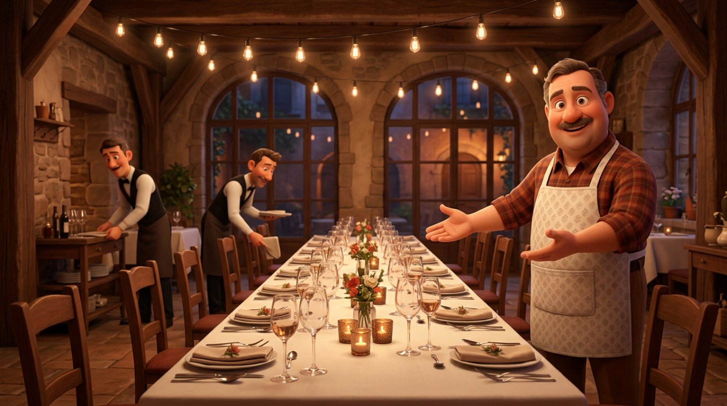 Restaurator prezentuje długi, odświętnie nakryty stół dla dwudziestu gości w ciepłej sali restauracyjnej