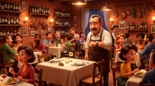 Illustrazione di una sala di trattoria italiana piena, con un tavolo riservato rimasto vuoto e il ristoratore preoccupato che guarda l'orologio