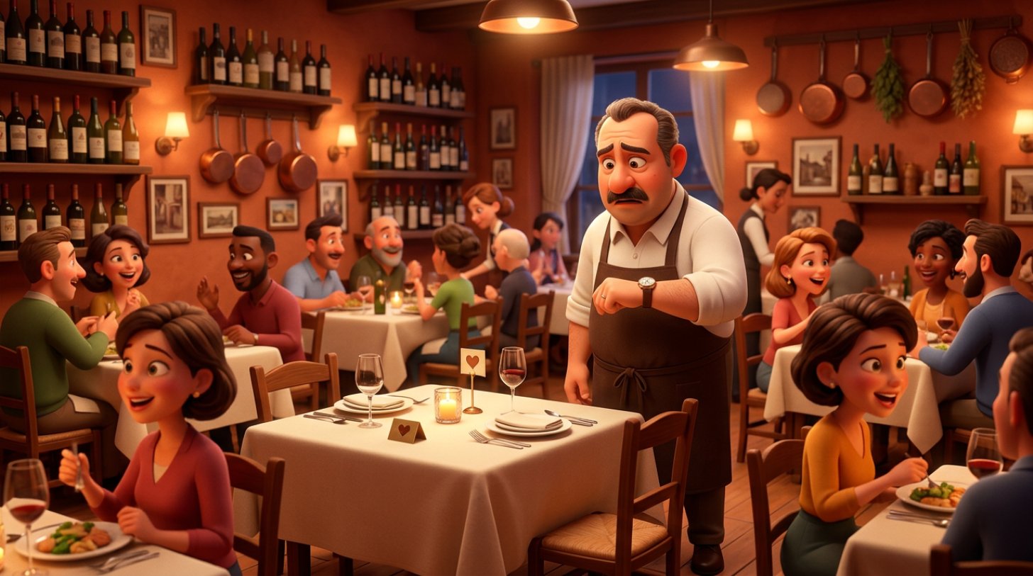 Illustrazione di una sala di trattoria italiana piena, con un tavolo riservato rimasto vuoto e il ristoratore preoccupato che guarda l'orologio