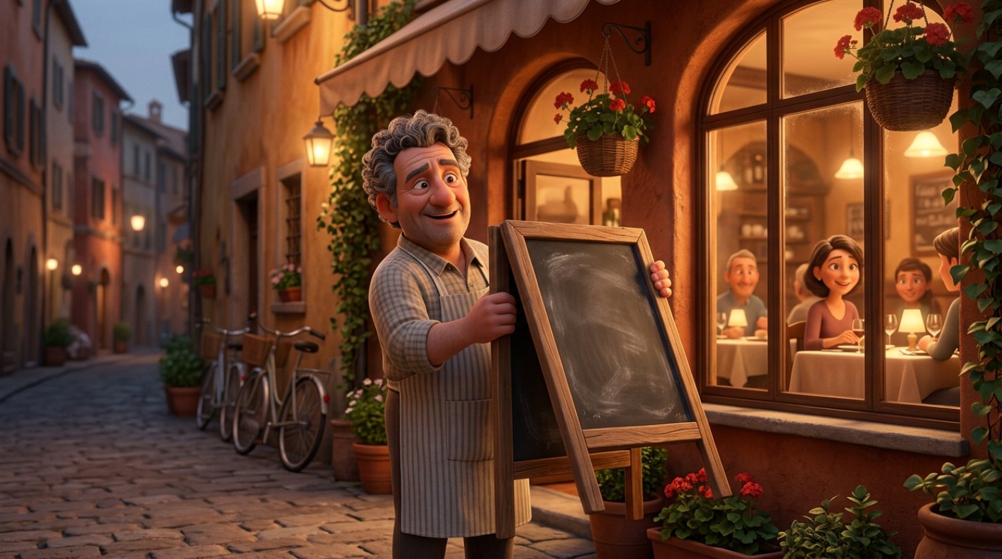 Illustrazione di un ristoratore sorridente che espone la lavagna con il menù del martedì davanti alla sua trattoria in una sera feriale tranquilla