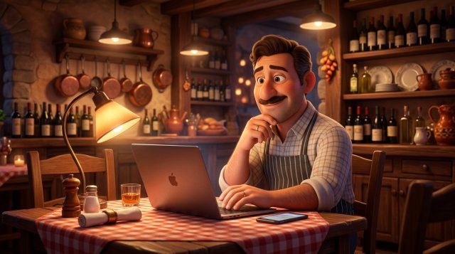 Illustrazione di un ristoratore seduto in trattoria a fine servizio mentre scrive con calma la risposta a una recensione sul portatile