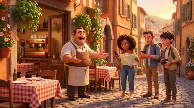 Illustrazione di un ristoratore italiano che accoglie turisti stranieri con smartphone e mappa sulla terrazza di una trattoria