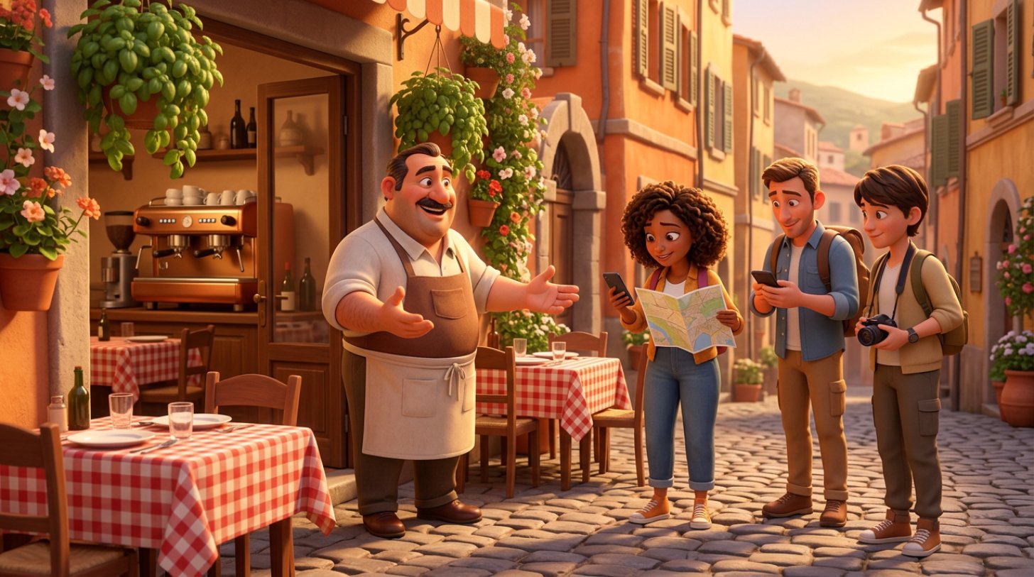 Illustrazione di un ristoratore italiano che accoglie turisti stranieri con smartphone e mappa sulla terrazza di una trattoria
