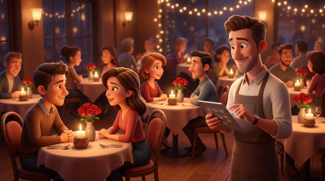 Illustration d'une salle de restaurant comble un soir de Saint-Valentin, tables en tête-à-tête avec bougies, restaurateur vérifiant son plan de salle sur tablette