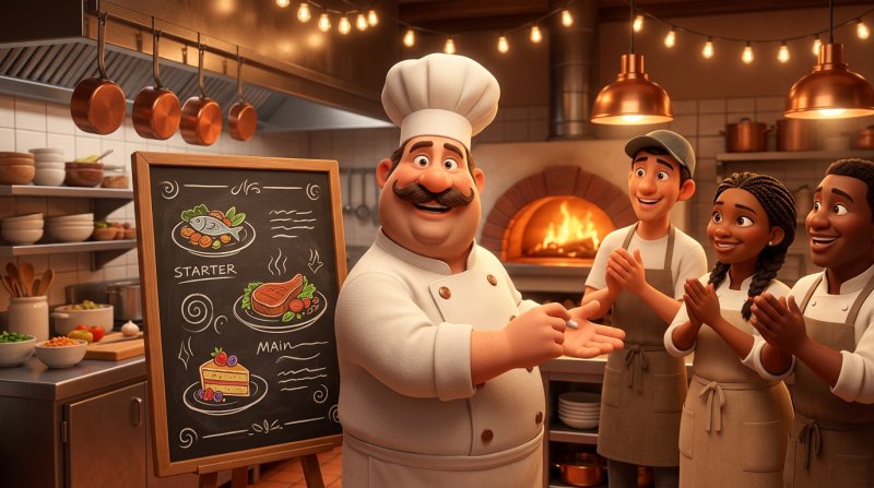 Chef présentant une ardoise avec un menu unique en trois plats à son équipe en cuisine