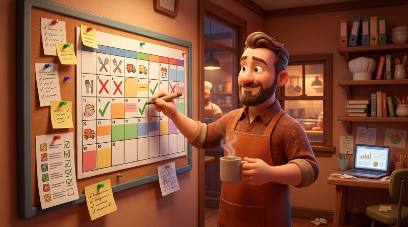 Restaurateur cochant les étapes d'un rétroplanning sur un grand calendrier mural dans son bureau