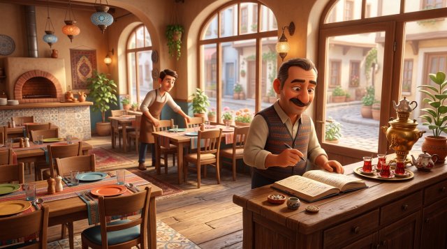 Sakin bir hafta içi öğleden sonrasında boş masaların ortasında rezervasyon takvimine düşünceli biçimde bakan restoran işletmecisinin 3D illüstrasyonu