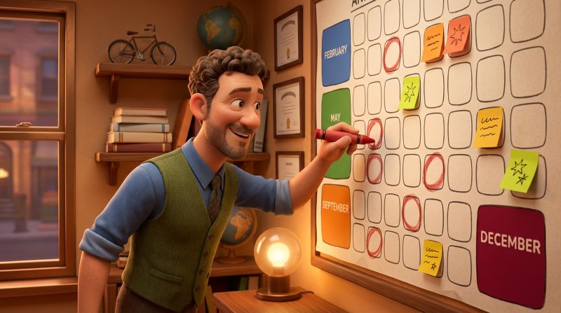 Restaurador marcando las etapas de un plan de trabajo en un gran calendario mural con varias fechas del año rodeadas en rojo