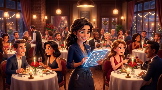 Ilustración de una sala de restaurante llena una noche de San Valentín, mesas para dos con velas y rosas, y una restauradora consultando el plano de sala en una tableta