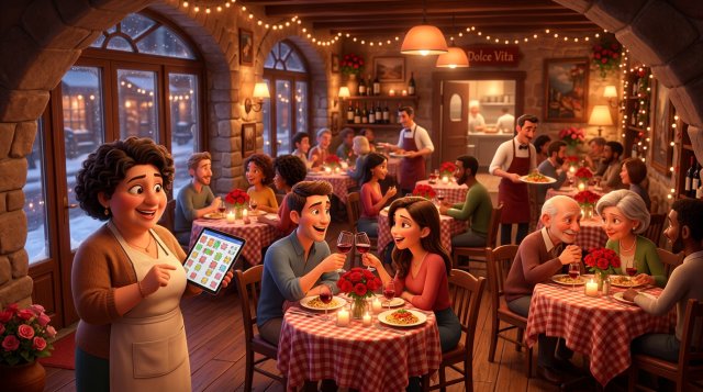 Illustrazione di una sala ristorante piena la sera di San Valentino, tavoli per due con candele e rose, ristoratore che controlla la pianta della sala sul tablet
